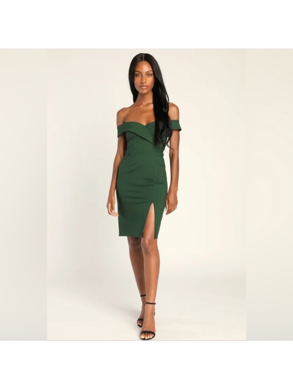 Lulus Off-Shoulder Forest Green Bodycon Dress with Front Slit
